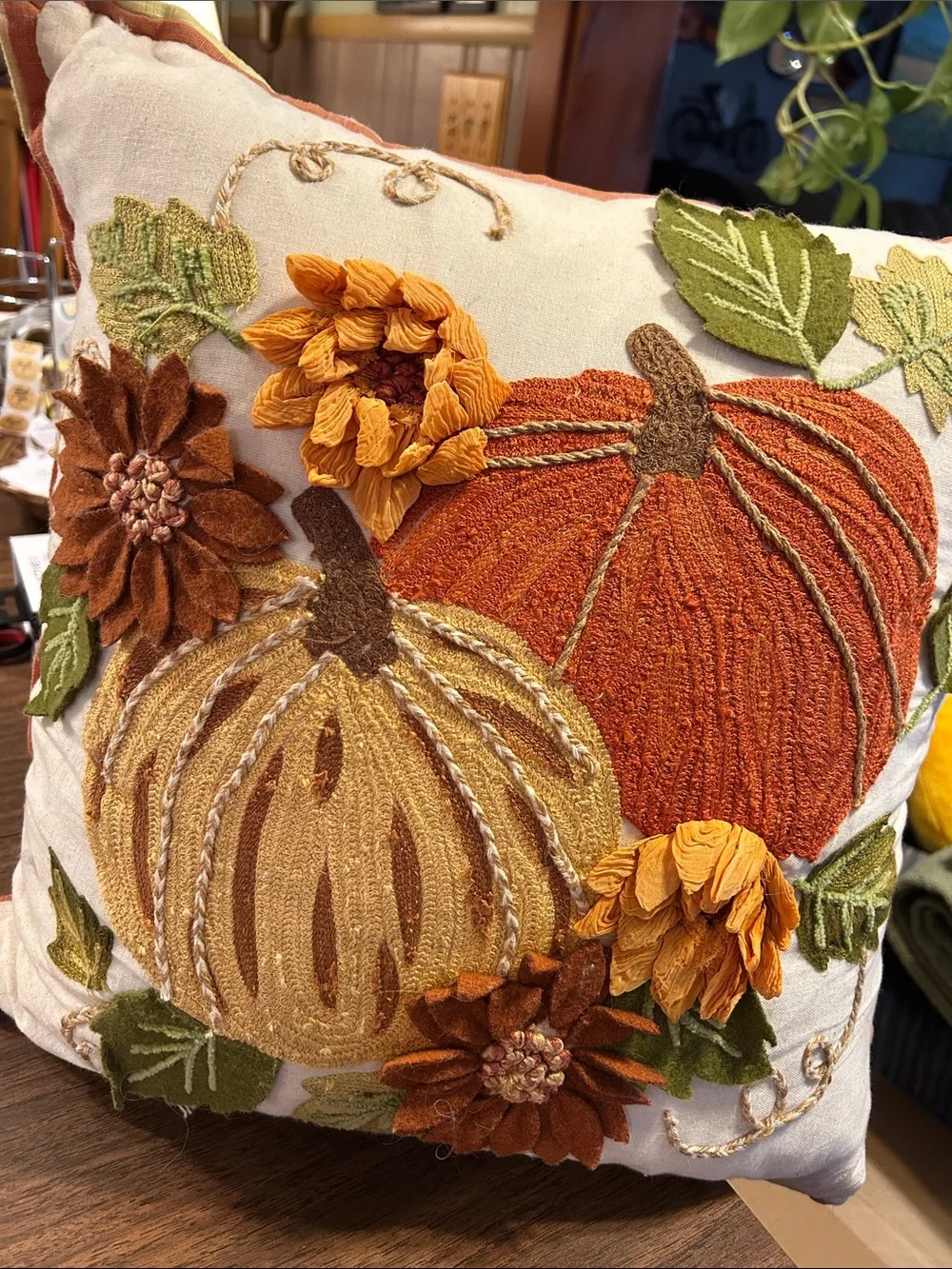 Autumn Pumpkin Embroidered Throw Pillow - Orange & Yellow